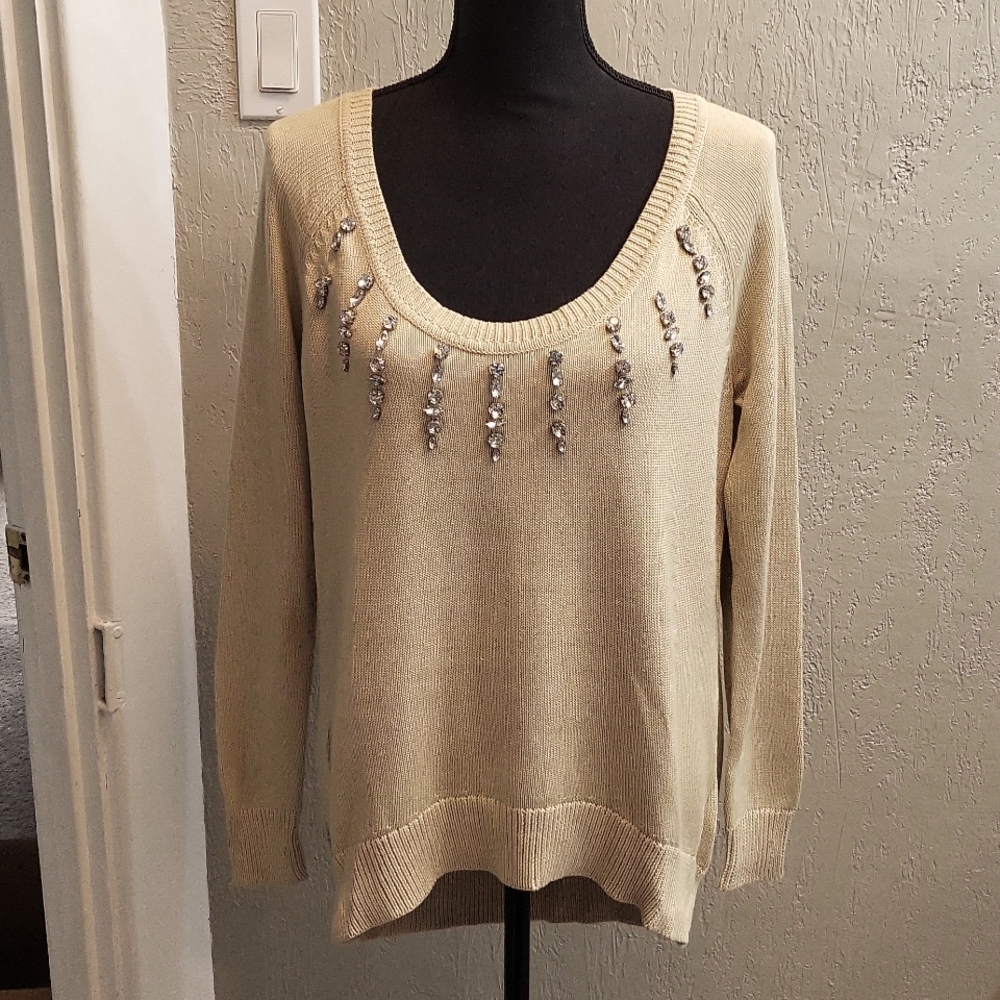 New Boston Proper Crystal Beaded Neckline Khaki Sweater